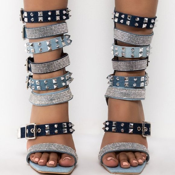 Callie Spiked & Studded: Denim Gladiator Stiletto Sandals - Picture 3 of 5